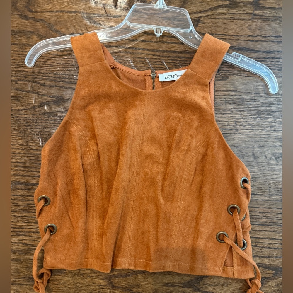 BCBGeneration Suede Lace-Up Crop Top in Rust Orange